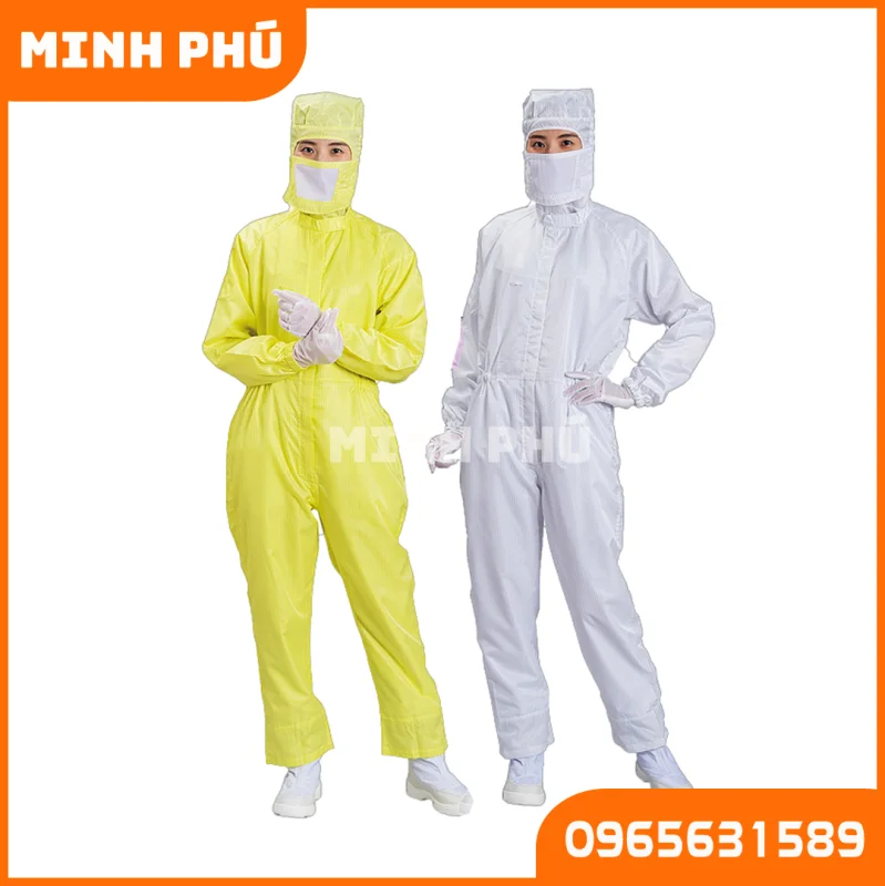 Quần áo phòng sạch chống tĩnh điện liền thân có mũ